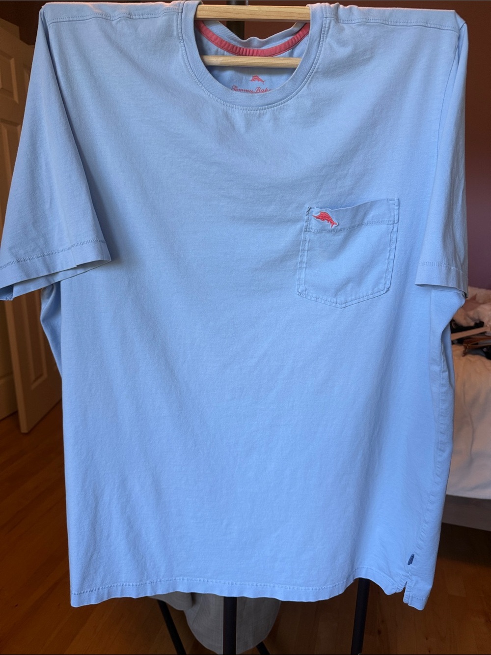 Tommy Bahama Light Blue Short Sleeve Pocket Tee with Coral Logo